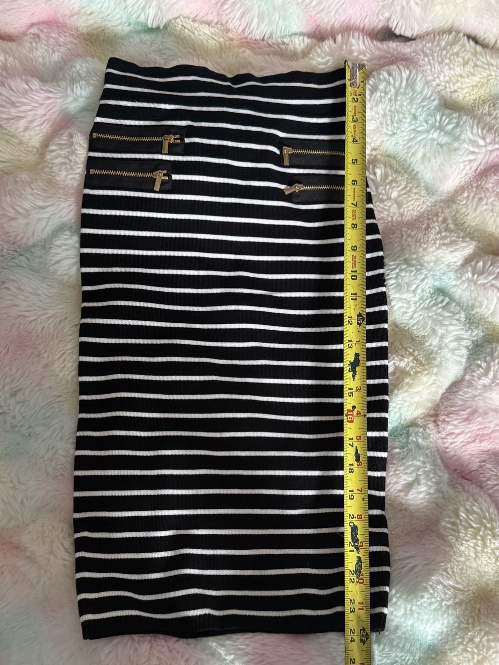 Caché Black White Stripe Gold Zip Bodycon Pencil Skirt Viscose XS